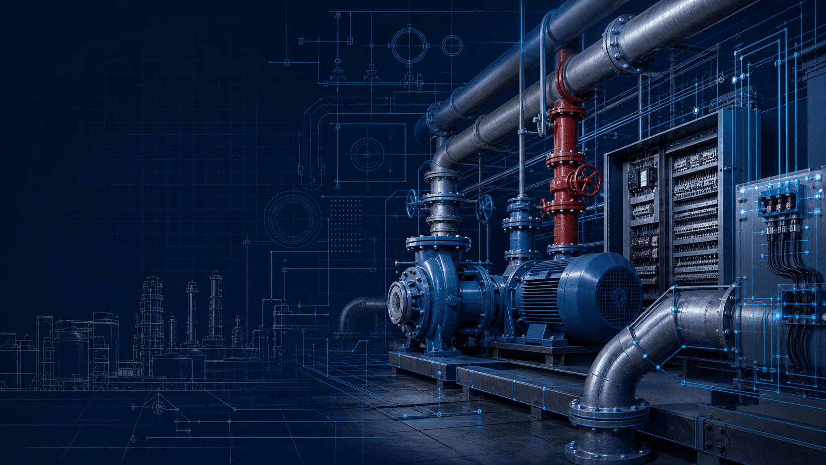 Industrial pump, pipework, electrical controls, and blueprint engineering linework